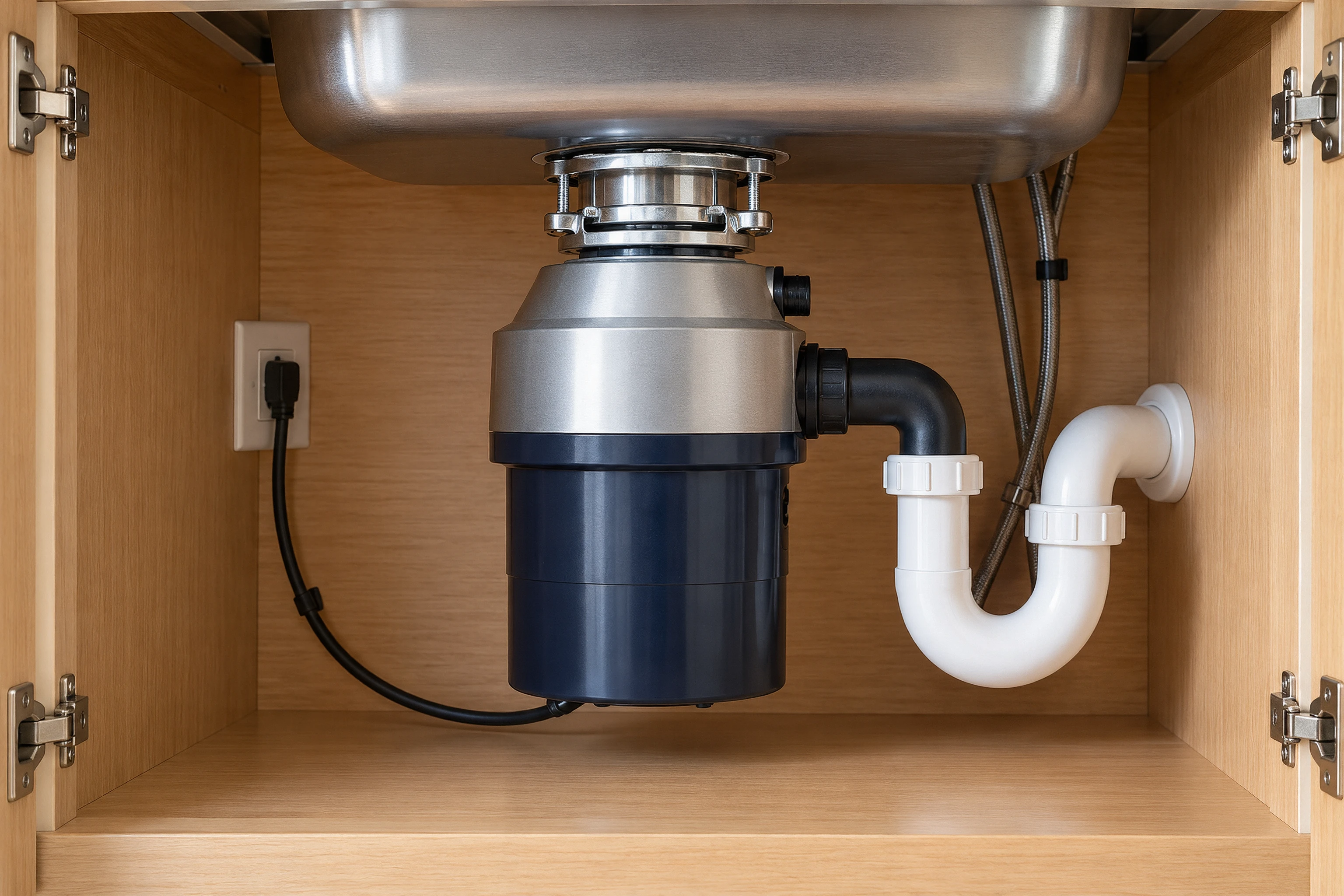 Illustrative kitchen food waste disposer mounted beneath a sink