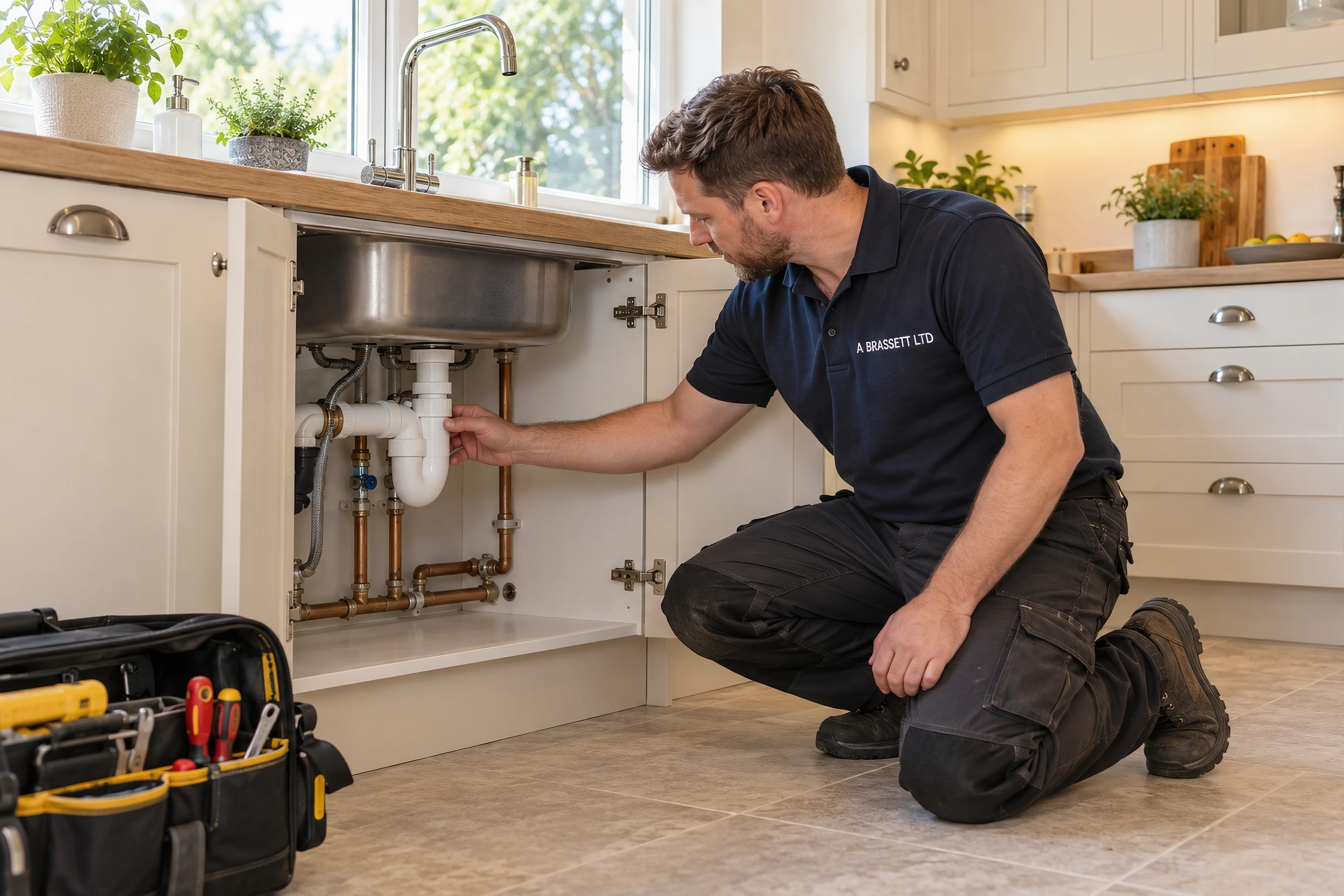 Illustrative engineer checking existing sink pipework