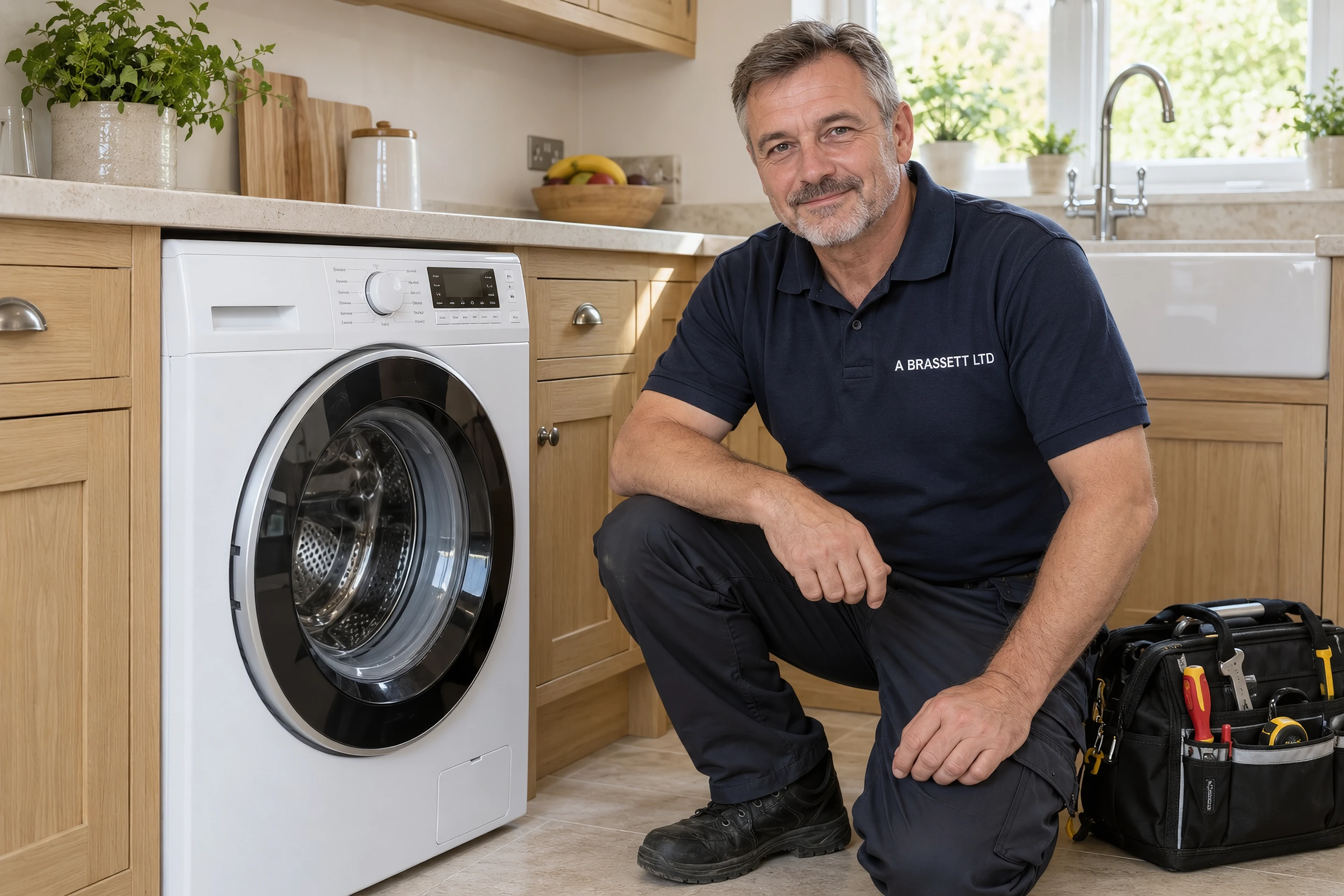 Illustrative engineer beside a washing machine