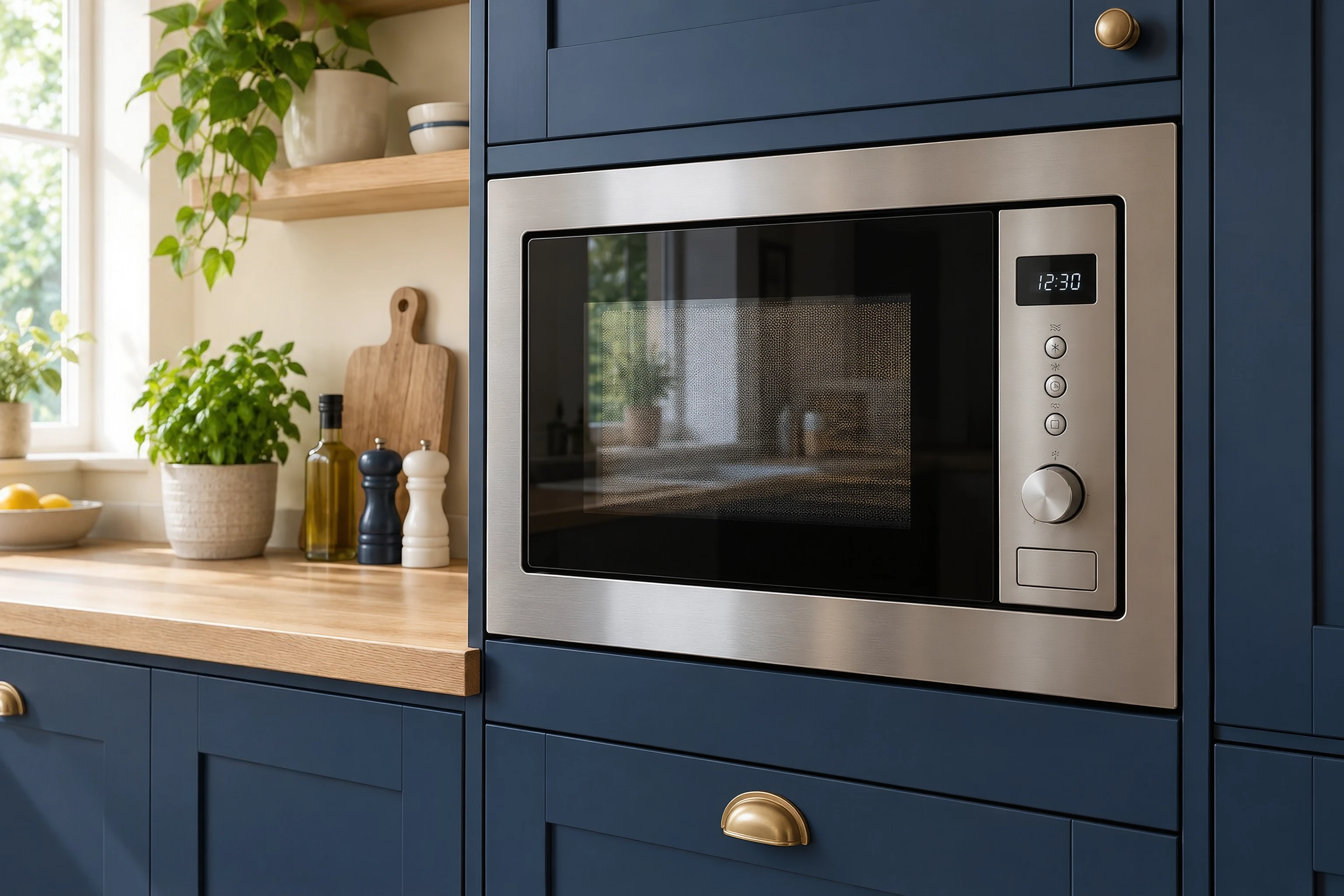Illustrative built-in microwave in a domestic kitchen