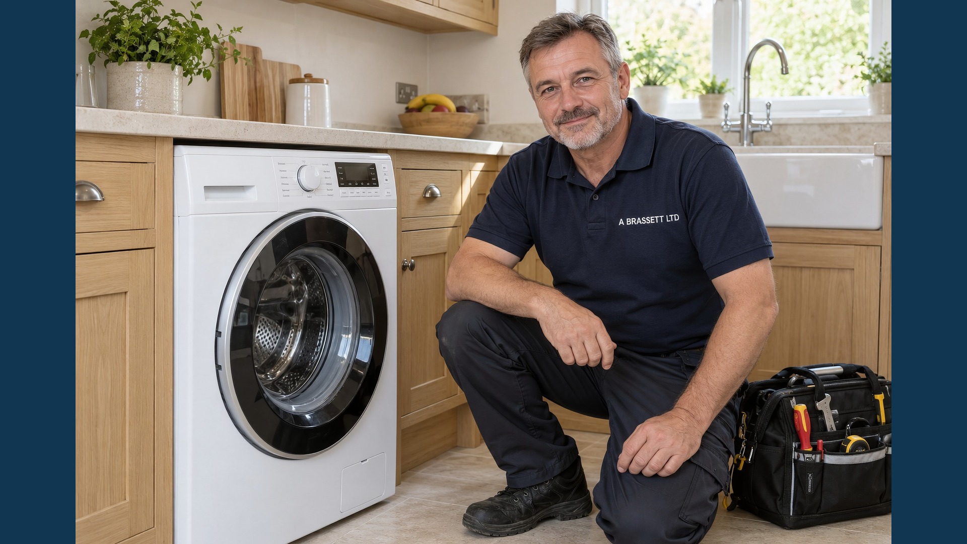 Engineer beside a washing machine in the introduction